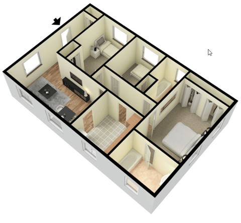 Floor plan for 3 beds, 2 baths, 1100 sqft